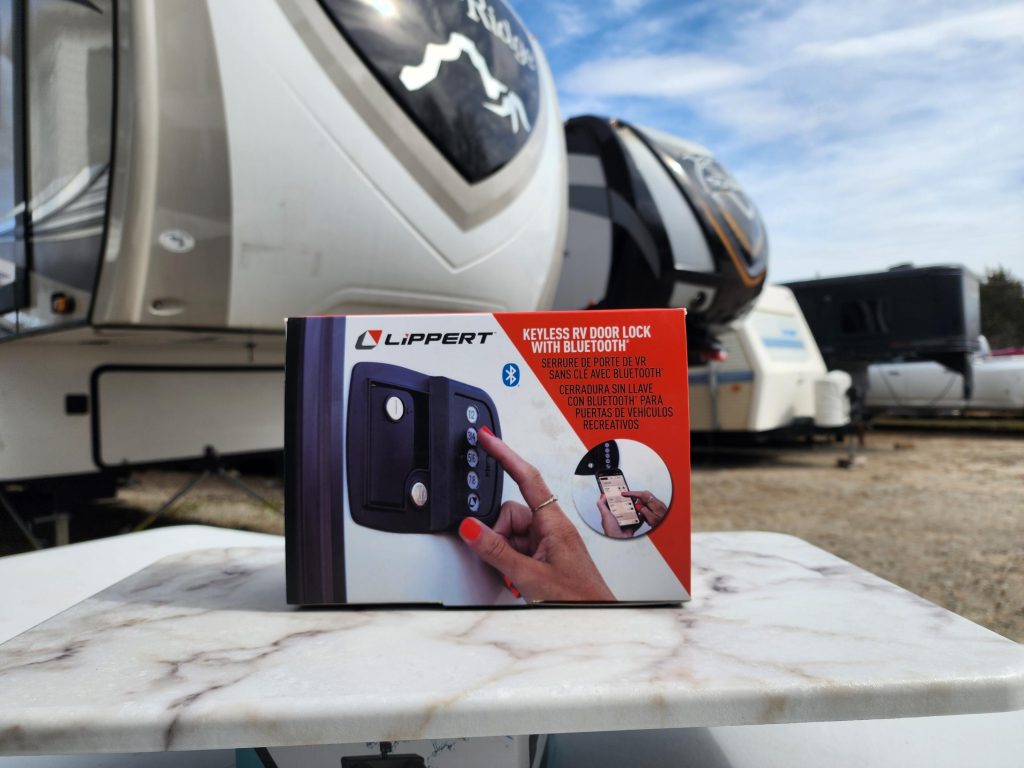Lippert keyless RV door lock with Bluetooth in box